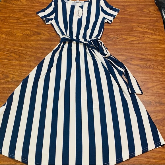 NEW LEVACA Flowy Blue and White Striped Midi Dress - Picture 3 of 11